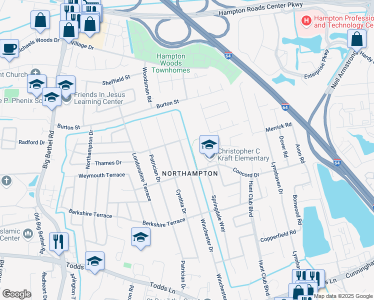 map of restaurants, bars, coffee shops, grocery stores, and more near 314 Winchester Drive in Hampton