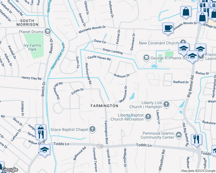map of restaurants, bars, coffee shops, grocery stores, and more near 14 Manor Hill Court in Hampton