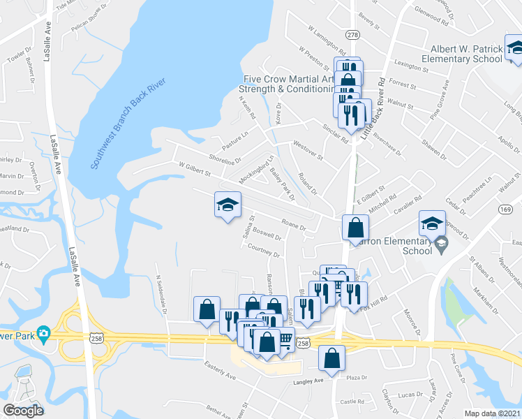 map of restaurants, bars, coffee shops, grocery stores, and more near 218 Roane Drive in Hampton