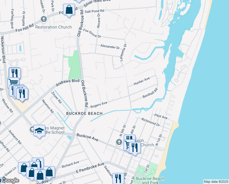 map of restaurants, bars, coffee shops, grocery stores, and more near 511 Hunlac Avenue in Hampton