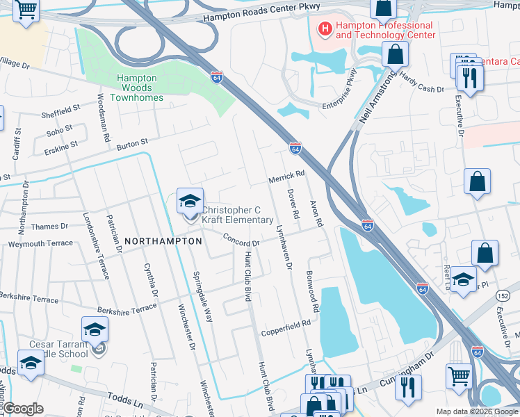 map of restaurants, bars, coffee shops, grocery stores, and more near 9 Edith Key Street in Hampton