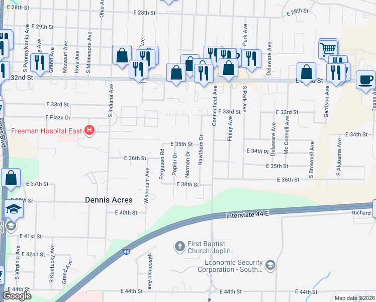 map of restaurants, bars, coffee shops, grocery stores, and more near 3511 Norman Drive in Joplin