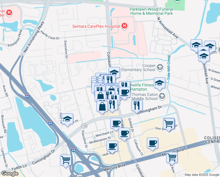 map of restaurants, bars, coffee shops, grocery stores, and more near 93 Coliseum Crossing in Hampton