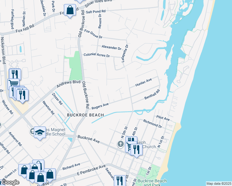map of restaurants, bars, coffee shops, grocery stores, and more near 511 Hunlac Avenue in Hampton