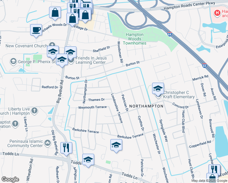 map of restaurants, bars, coffee shops, grocery stores, and more near 738 Headrow Terrace in Hampton