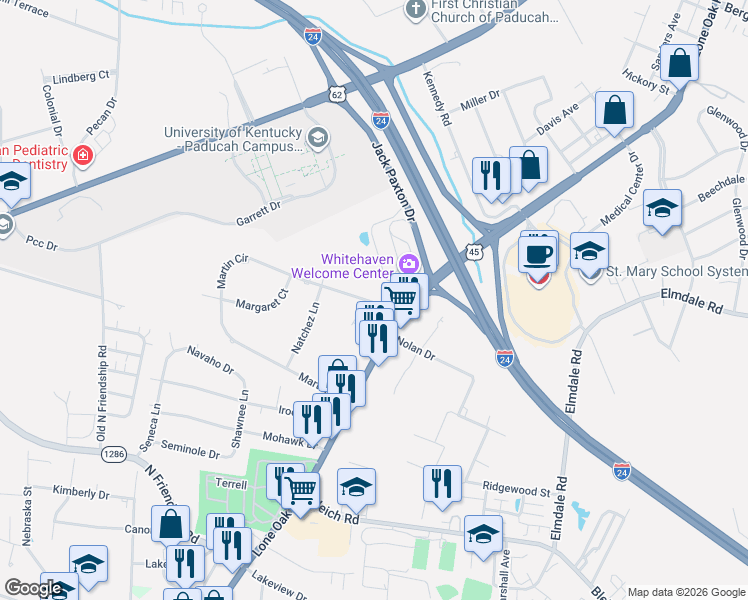 map of restaurants, bars, coffee shops, grocery stores, and more near 14 Martin Circle in Paducah