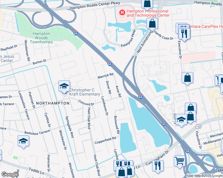 map of restaurants, bars, coffee shops, grocery stores, and more near 210 Dover Road in Hampton