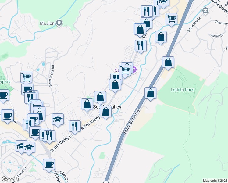map of restaurants, bars, coffee shops, grocery stores, and more near 4665 Scotts Valley Drive in Scotts Valley