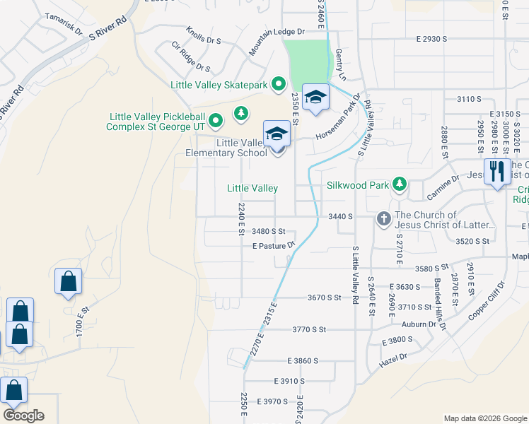 map of restaurants, bars, coffee shops, grocery stores, and more near 2317 East Crimson Ridge Drive in St. George