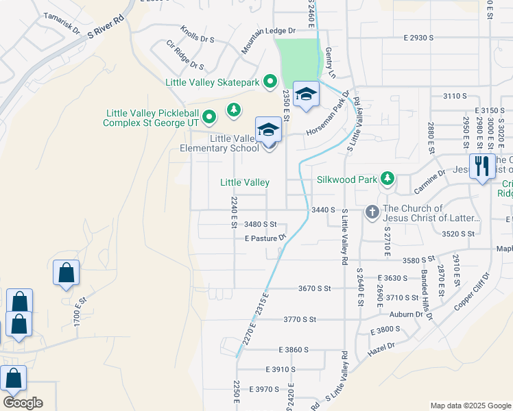 map of restaurants, bars, coffee shops, grocery stores, and more near 2317 East Crimson Ridge Drive in St. George