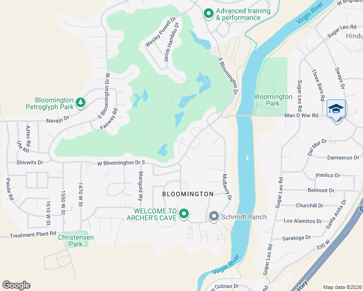 map of restaurants, bars, coffee shops, grocery stores, and more near South Chaparral Drive in St. George