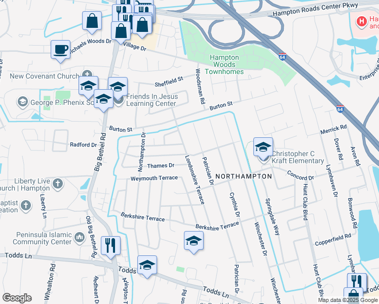 map of restaurants, bars, coffee shops, grocery stores, and more near 738 Headrow Terrace in Hampton
