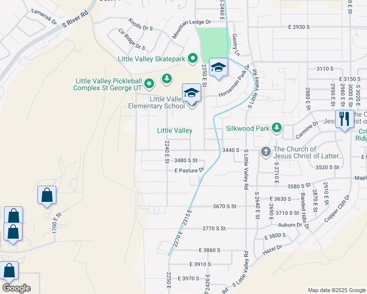 map of restaurants, bars, coffee shops, grocery stores, and more near 2317 East Crimson Ridge Drive in St. George