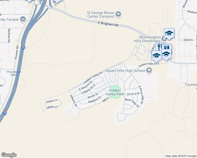 map of restaurants, bars, coffee shops, grocery stores, and more near 374 East Munich Drive in St. George