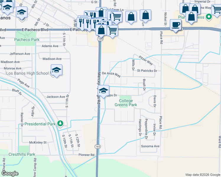 map of restaurants, bars, coffee shops, grocery stores, and more near 1874 Hartnell Court in Los Banos