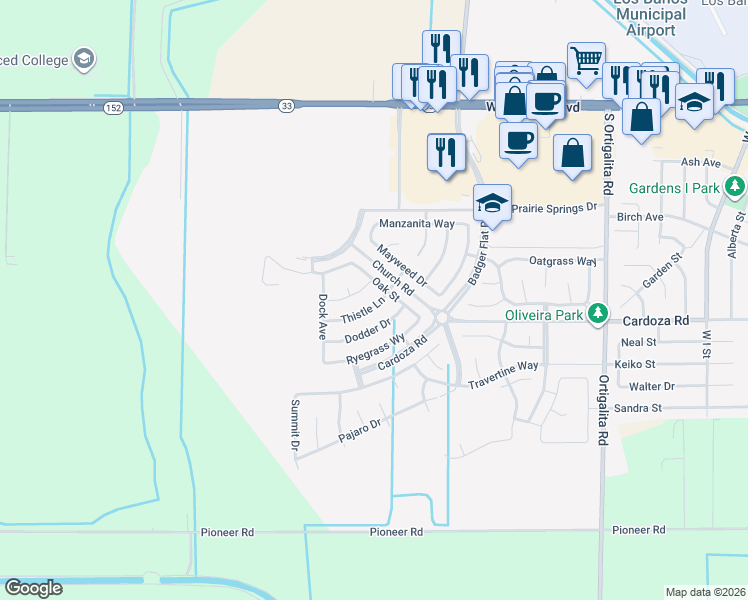 map of restaurants, bars, coffee shops, grocery stores, and more near 1616 Thistle Lane in Los Banos
