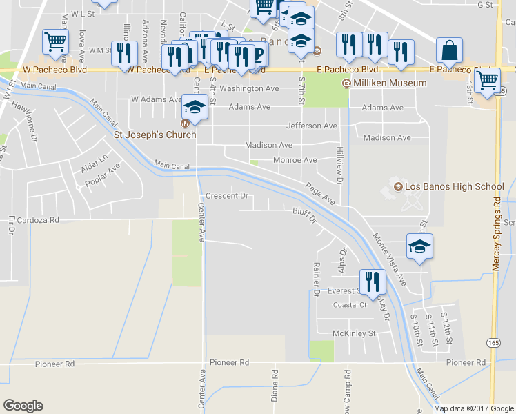 map of restaurants, bars, coffee shops, grocery stores, and more near 502 Bluff Drive in Los Banos