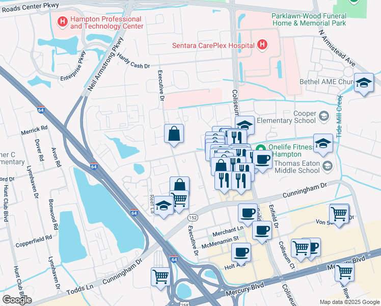 map of restaurants, bars, coffee shops, grocery stores, and more near 305 Marcella Road in Hampton