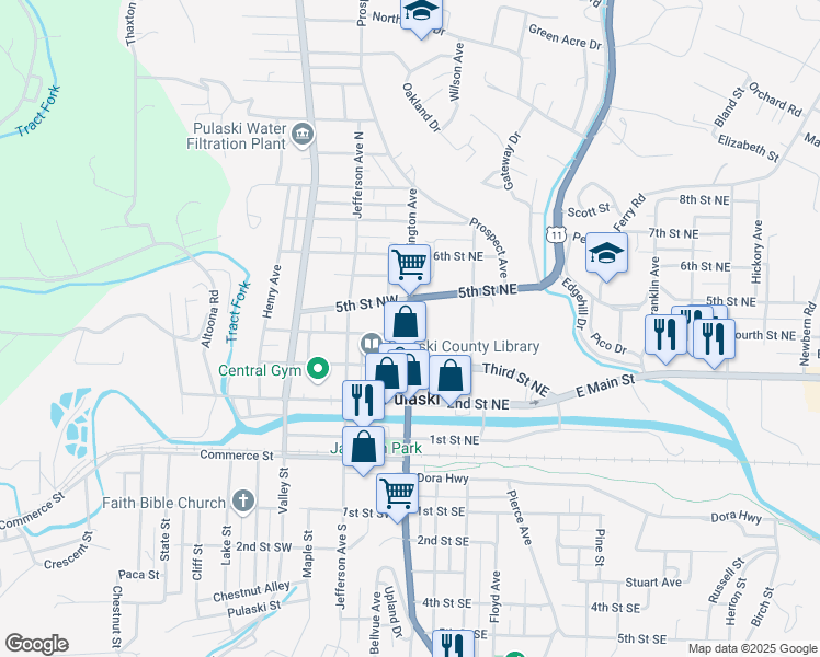 map of restaurants, bars, coffee shops, grocery stores, and more near North Washington Avenue in Pulaski