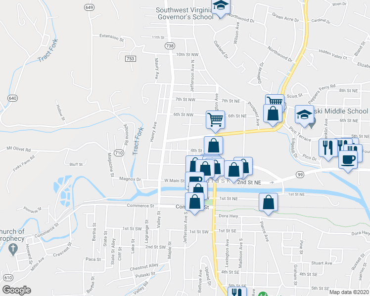 map of restaurants, bars, coffee shops, grocery stores, and more near 405 Jefferson Avenue North in Pulaski