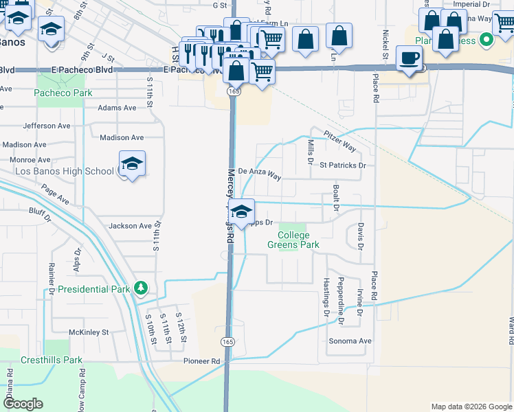 map of restaurants, bars, coffee shops, grocery stores, and more near 1874 Hartnell Court in Los Banos