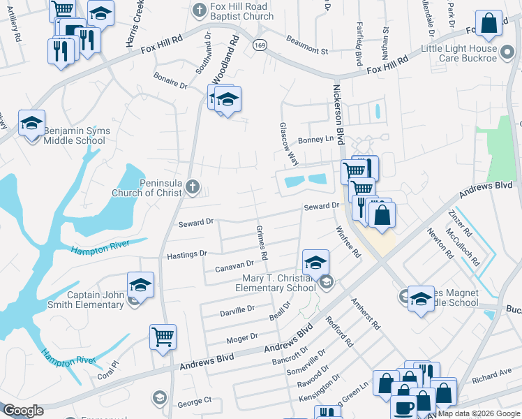 map of restaurants, bars, coffee shops, grocery stores, and more near 1907 Seward Drive in Hampton