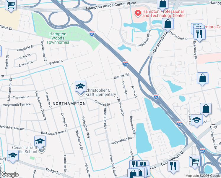 map of restaurants, bars, coffee shops, grocery stores, and more near 9 Edith Key Street in Hampton