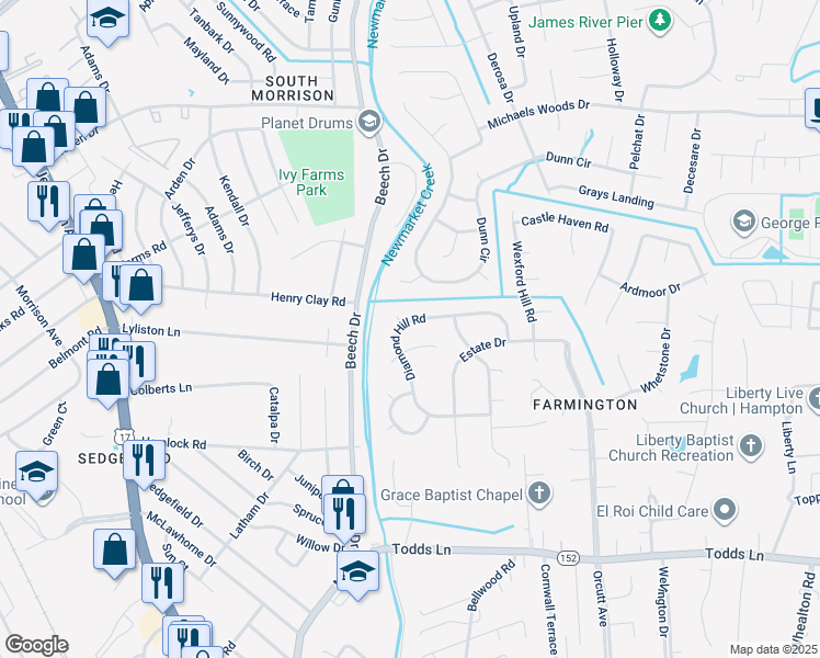 map of restaurants, bars, coffee shops, grocery stores, and more near 33 Diamond Hill Road in Hampton