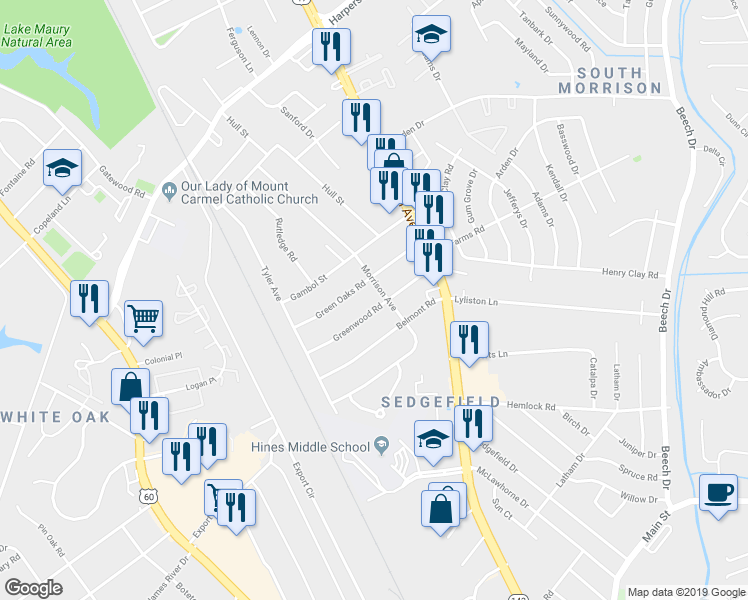 map of restaurants, bars, coffee shops, grocery stores, and more near 32 Greenwood Road in Newport News
