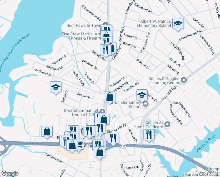 map of restaurants, bars, coffee shops, grocery stores, and more near 2 East Gilbert Street in Hampton