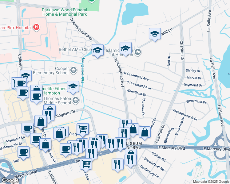 map of restaurants, bars, coffee shops, grocery stores, and more near 109 Tanglewood Drive in Hampton