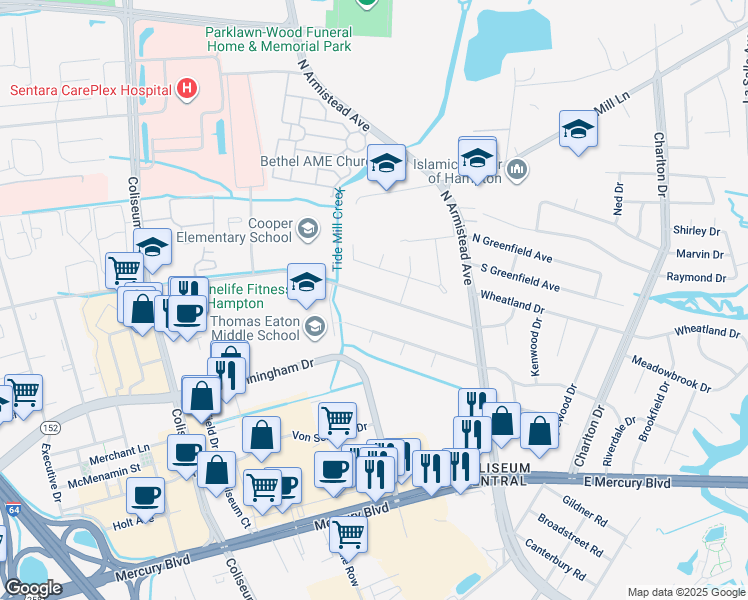 map of restaurants, bars, coffee shops, grocery stores, and more near 131 Marcella Road in Hampton