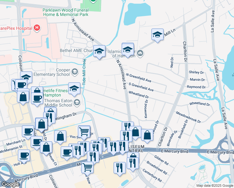 map of restaurants, bars, coffee shops, grocery stores, and more near 109 Tanglewood Drive in Hampton