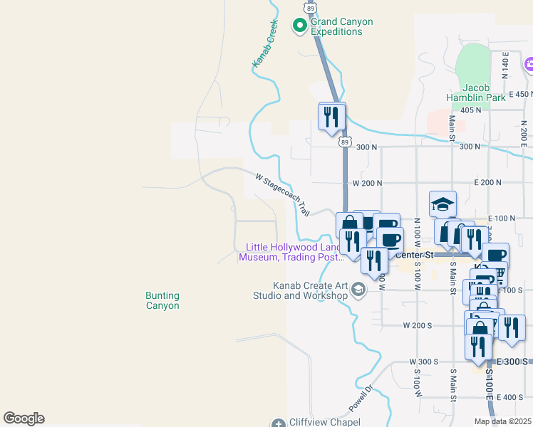 map of restaurants, bars, coffee shops, grocery stores, and more near 513 Winchester in Kanab