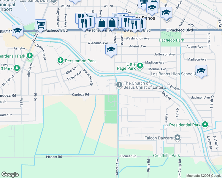 map of restaurants, bars, coffee shops, grocery stores, and more near 20060 Cardoza Road in Los Banos