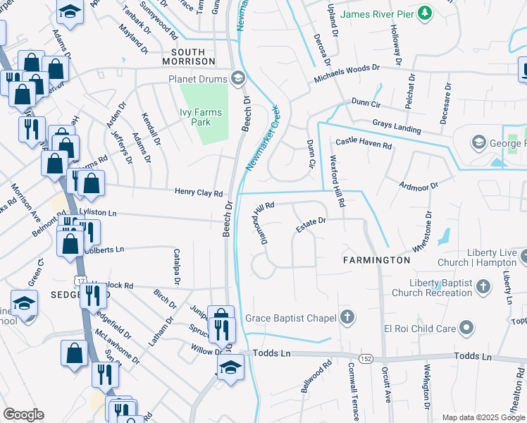map of restaurants, bars, coffee shops, grocery stores, and more near 33 Diamond Hill Road in Hampton