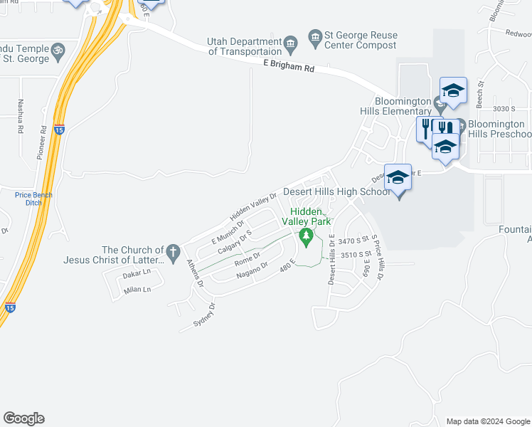 map of restaurants, bars, coffee shops, grocery stores, and more near 390 East Munich Drive in St. George