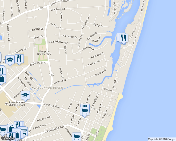map of restaurants, bars, coffee shops, grocery stores, and more near 440 Rogers Avenue in Hampton