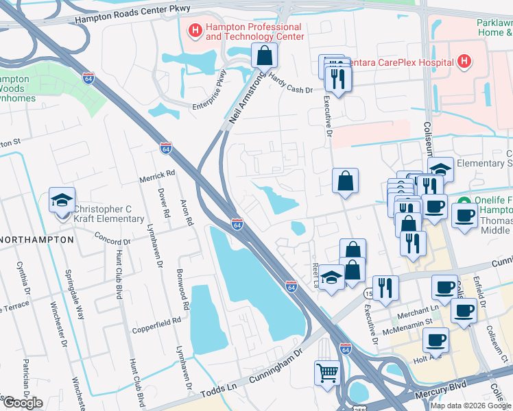 map of restaurants, bars, coffee shops, grocery stores, and more near 100 Monticello Mews in Hampton
