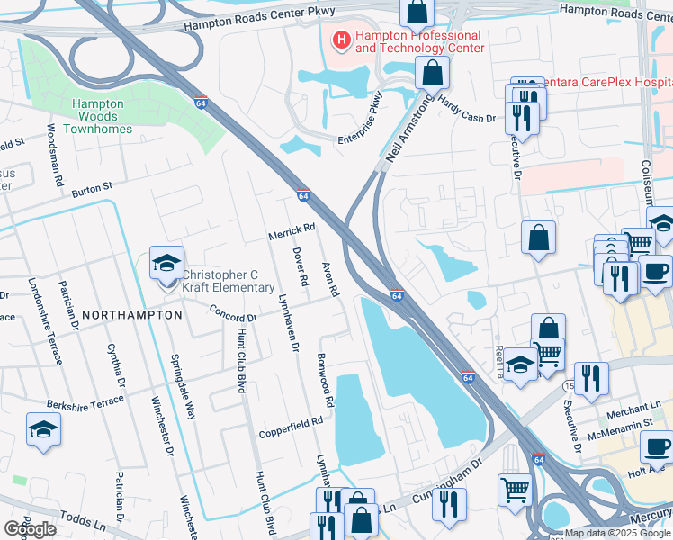 map of restaurants, bars, coffee shops, grocery stores, and more near 190 Avon Road in Hampton