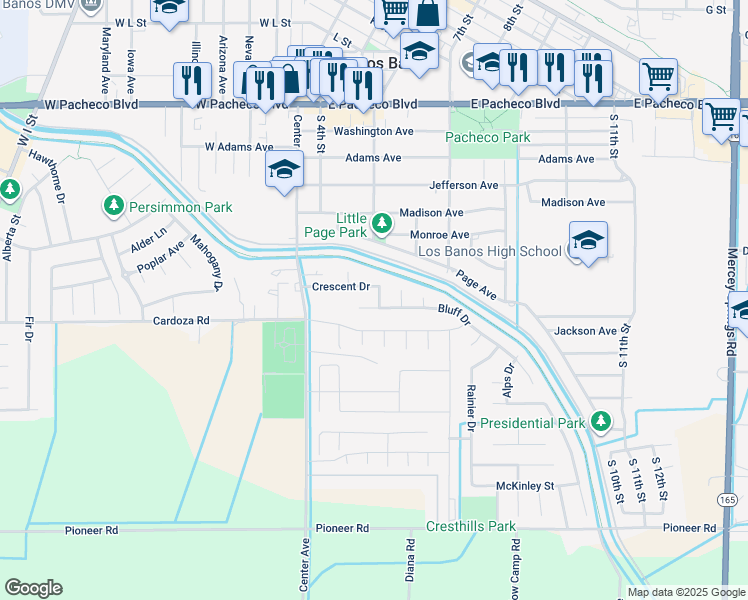 map of restaurants, bars, coffee shops, grocery stores, and more near 502 Bluff Drive in Los Banos