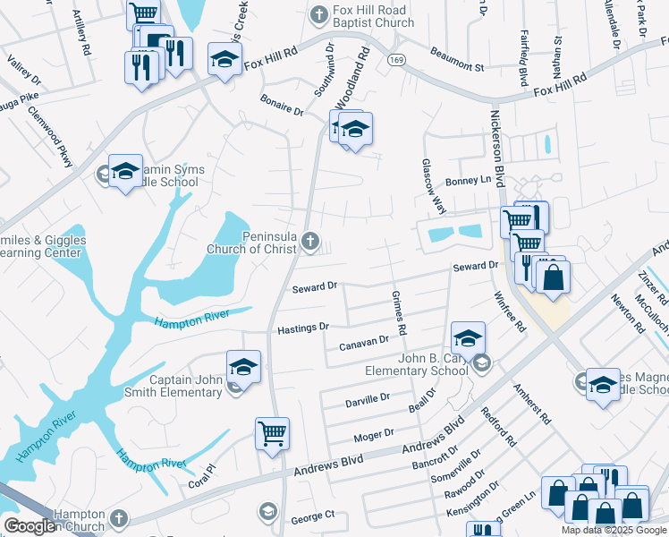 map of restaurants, bars, coffee shops, grocery stores, and more near 1416 Dorene Court in Hampton