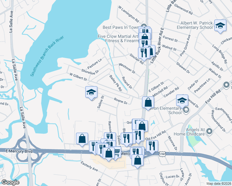 map of restaurants, bars, coffee shops, grocery stores, and more near 225 West Gilbert Street in Hampton