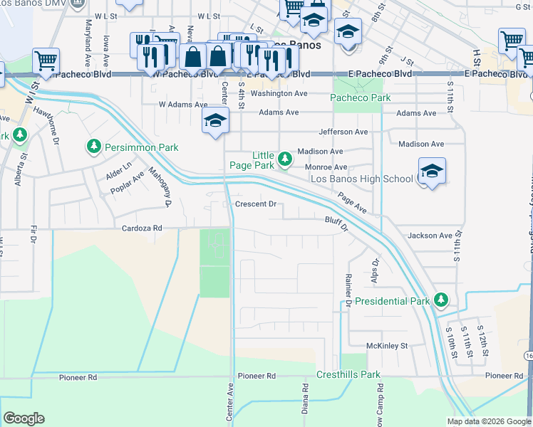 map of restaurants, bars, coffee shops, grocery stores, and more near 416 Bluff Drive in Los Banos