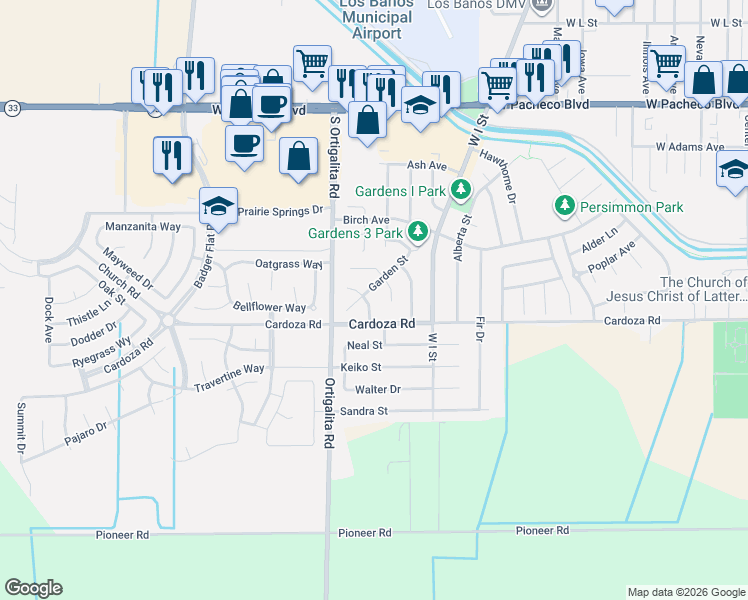 map of restaurants, bars, coffee shops, grocery stores, and more near 1678 Iris Lane in Los Banos
