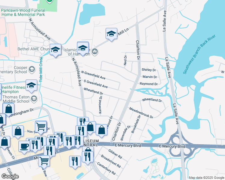 map of restaurants, bars, coffee shops, grocery stores, and more near 34 South Greenfield Avenue in Hampton