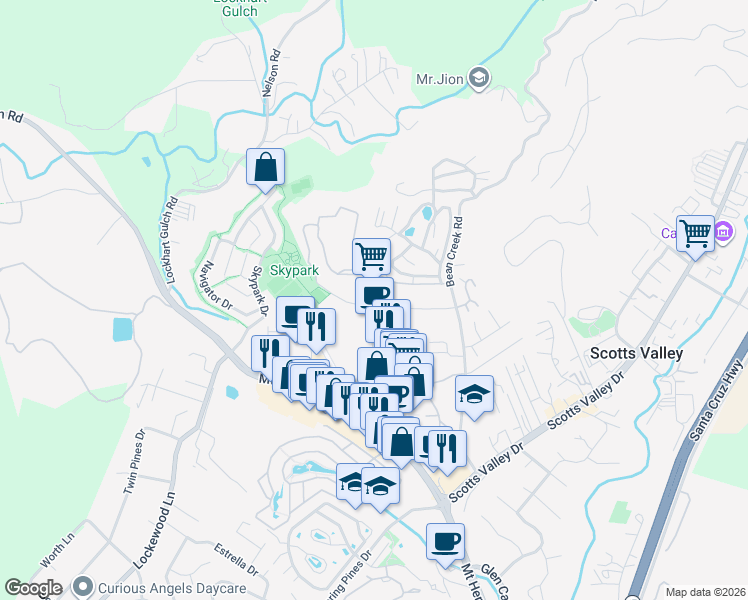 map of restaurants, bars, coffee shops, grocery stores, and more near 360 Bluebonnet Lane in Scotts Valley