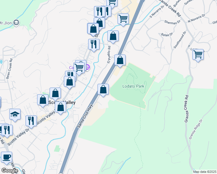 map of restaurants, bars, coffee shops, grocery stores, and more near 1600 Green Hills Road in Scotts Valley