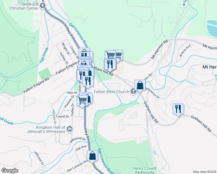 map of restaurants, bars, coffee shops, grocery stores, and more near 364 River Rd in Felton