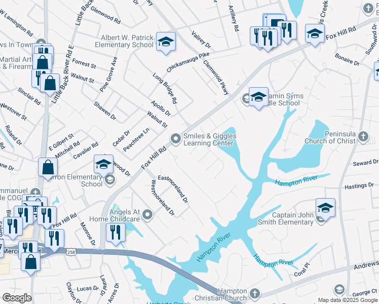 map of restaurants, bars, coffee shops, grocery stores, and more near 11 Great Lakes Drive in Hampton